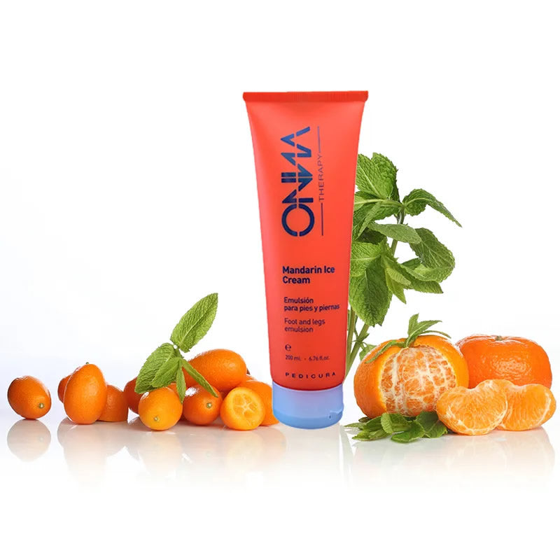 Emulsión Mandarin Ice Cream de Onna Therapy para relajar pies y piernas con aroma a mandarina. Crema hidratante con ingredientes naturales.