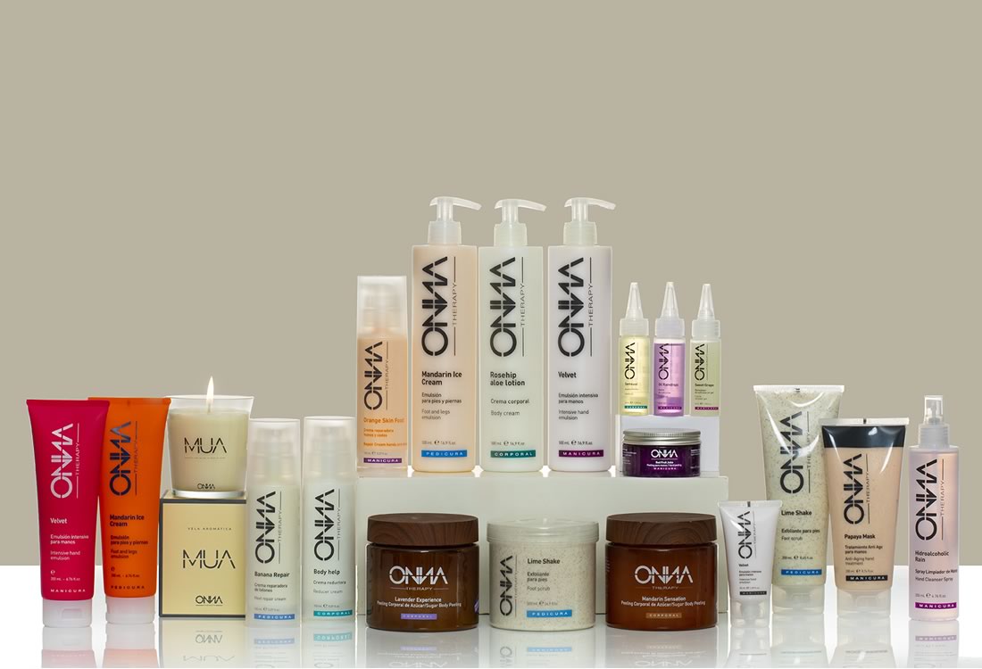 Productos de cosmética profesional Onna Therapy para el cuidado corporal: cremas, lociones y exfoliantes para manos, pies y cuerpo
