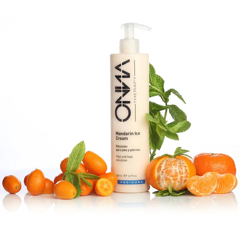 Emulsión Mandarin Ice Cream formato grande de Onna Therapy con mandarina y menta para pies y piernas cansadas. Uso diario hidratante.