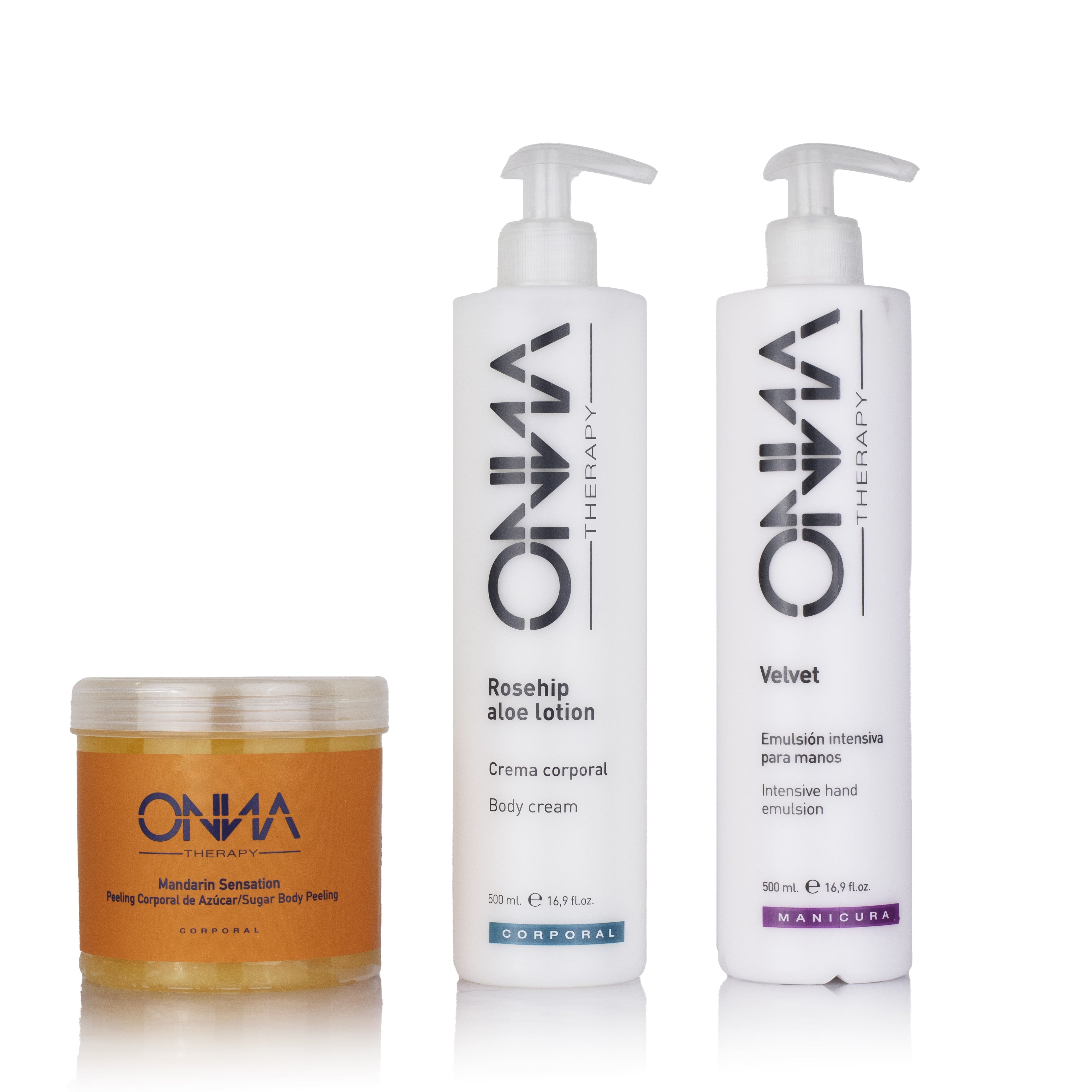 Pack hidratante corporal con peeling, crema nutritiva y crema de manos. Suaviza y nutre la piel en profundidad. Cosmética especializada en manos, pies y cuepro de Onna Therapy.