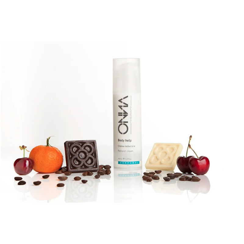 Crema Body Help de Onna Therapy para reducir celulitis y tonificar la piel con ingredientes activos. Rodeado frutas como cereza y mandarina.