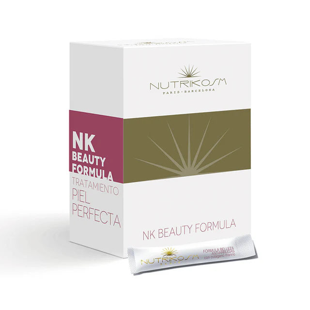 Estuche y stick de NK Beauty Formula de NutriKosm, colágeno marino Peptan con ácido hialurónico en sticks bebibles