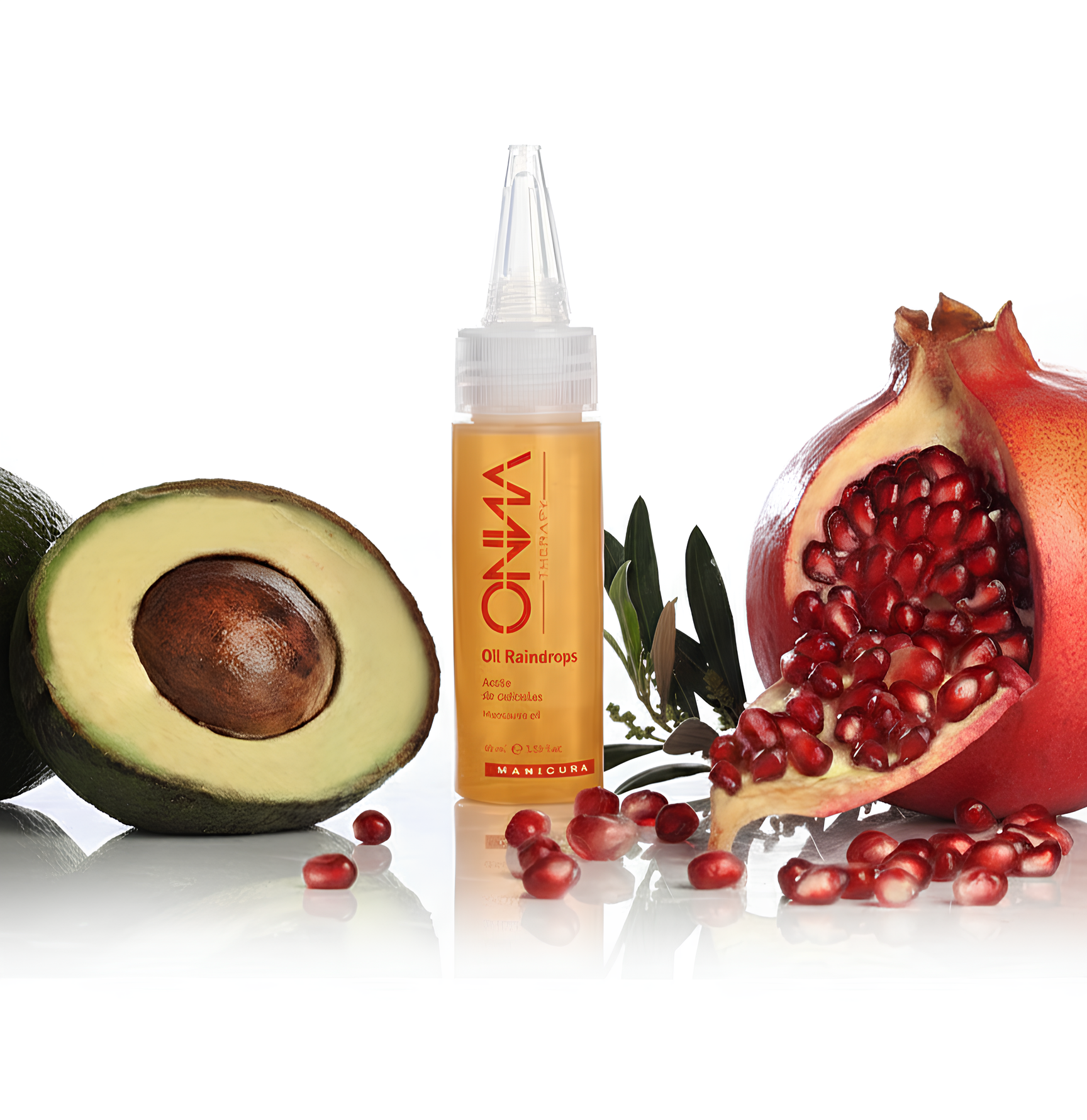 Aceite Oil Rain Drops de Onna Therapy, ideal para el cuidado diario de uñas. Rodeado de frutas como el aguacate y granada.